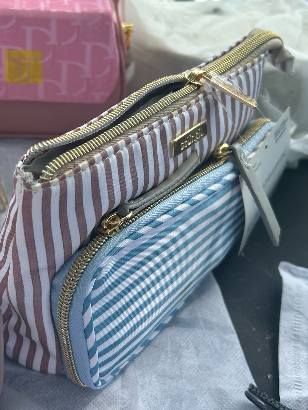 Striped Double Pouch Crossbody Bag - Pink & Blue